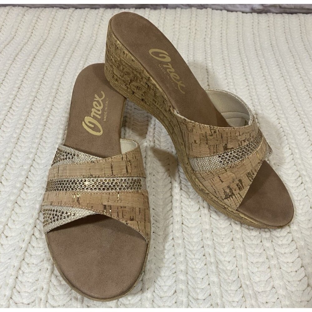 Onex Blanche Linen Stones‎ Cork Wedge Sandals Shoes Made in Italy Womens 11